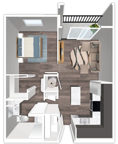 Floor plan for 1 bed, 1 bath, 719 sqft